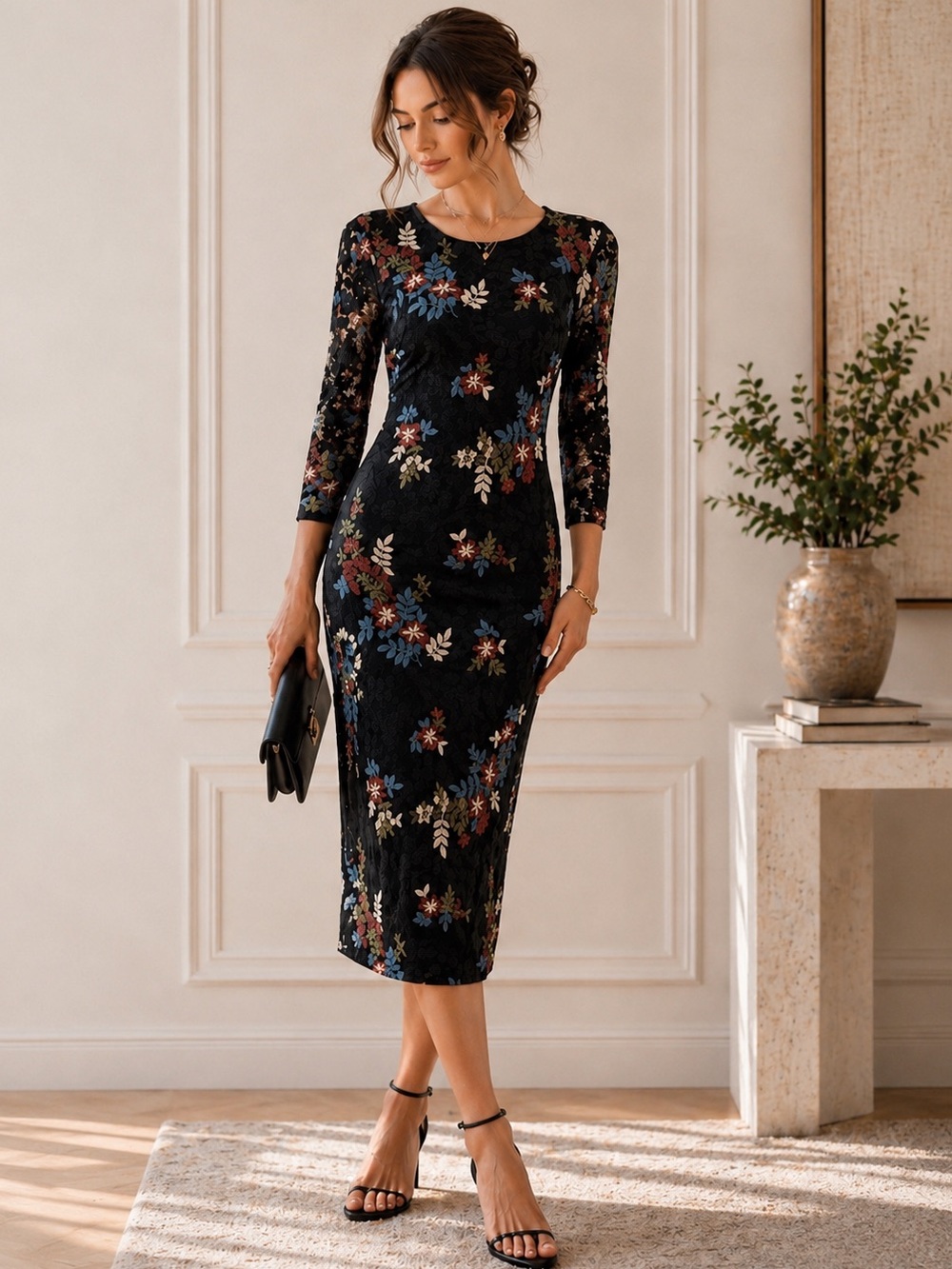 Bisou Bisou Black Floral Lace Midi Dress